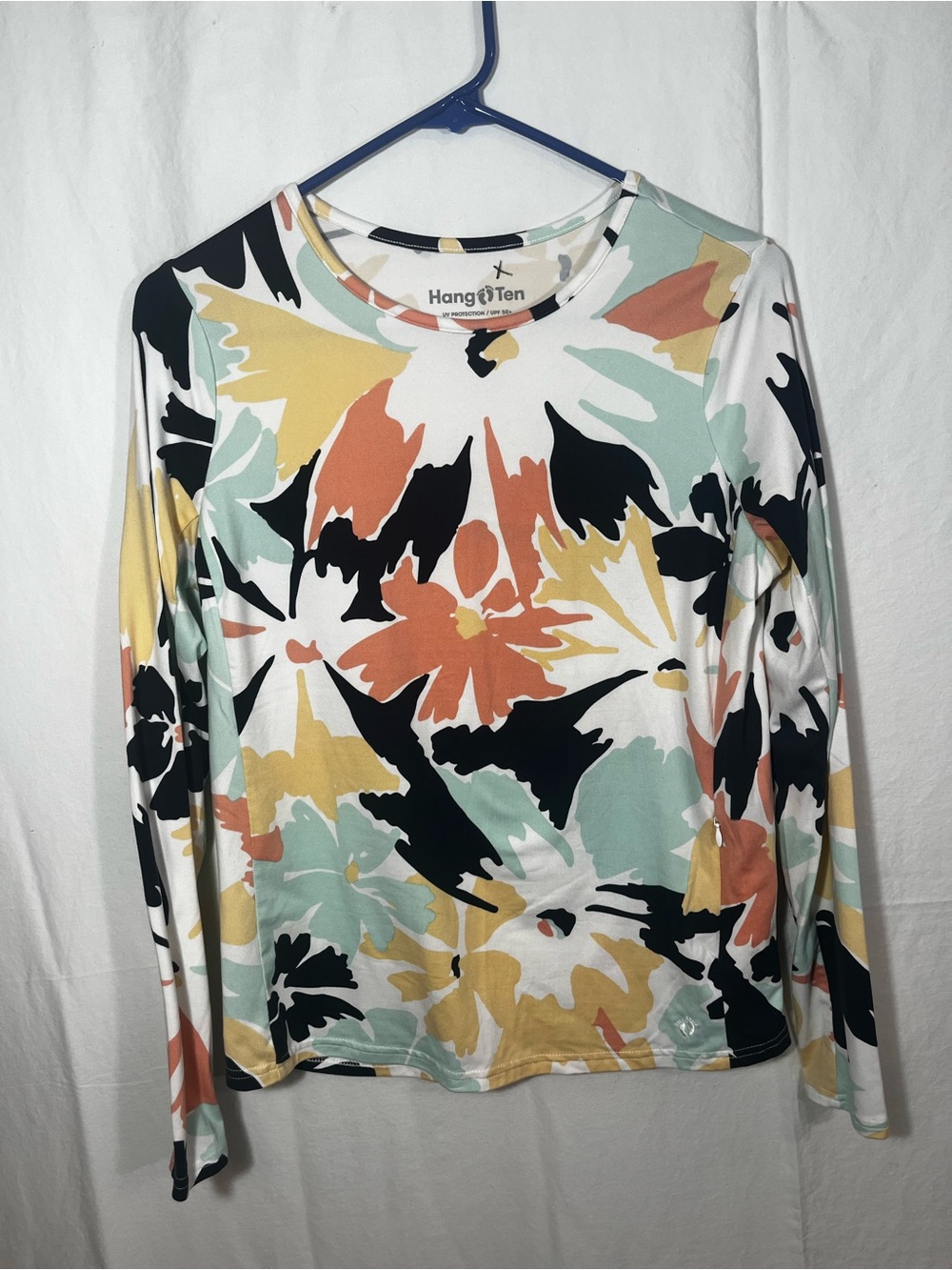 Hang Ten Floral UPF 50+ Sun Shirt Rashguard Long Sleeve Side Zip Pocket Top S